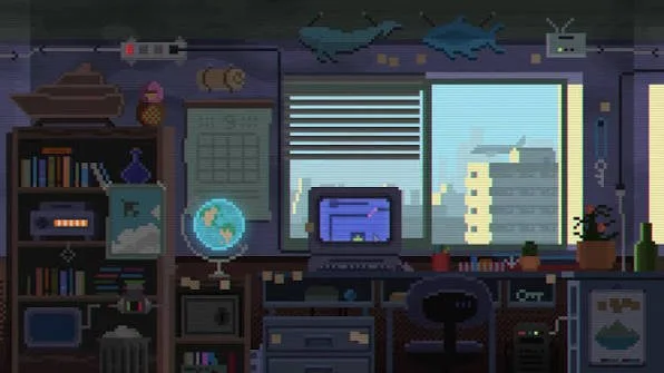 The pixel-art apartment and laptop from Loose Ends